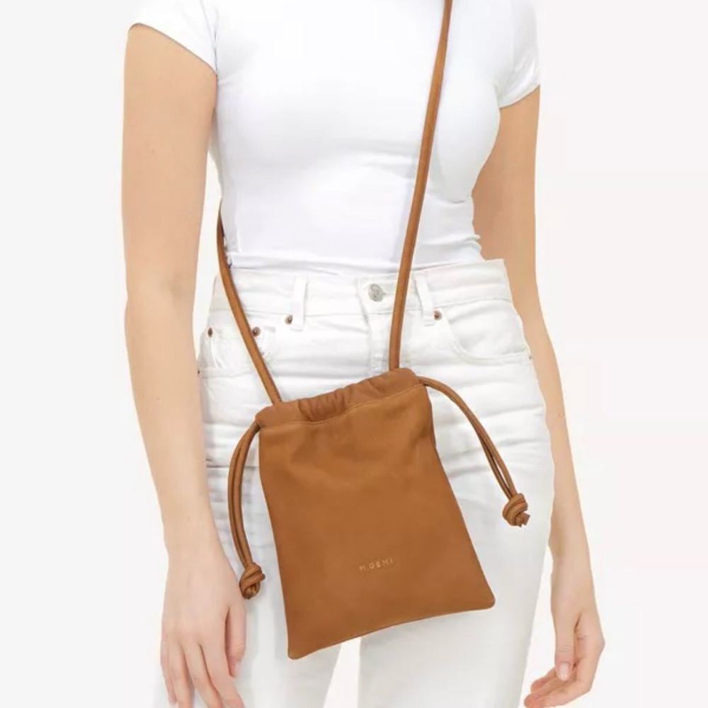 M.Gemi Tan Brown Suede Leather Drawstring Crossbody Bucket Bag Pouch
